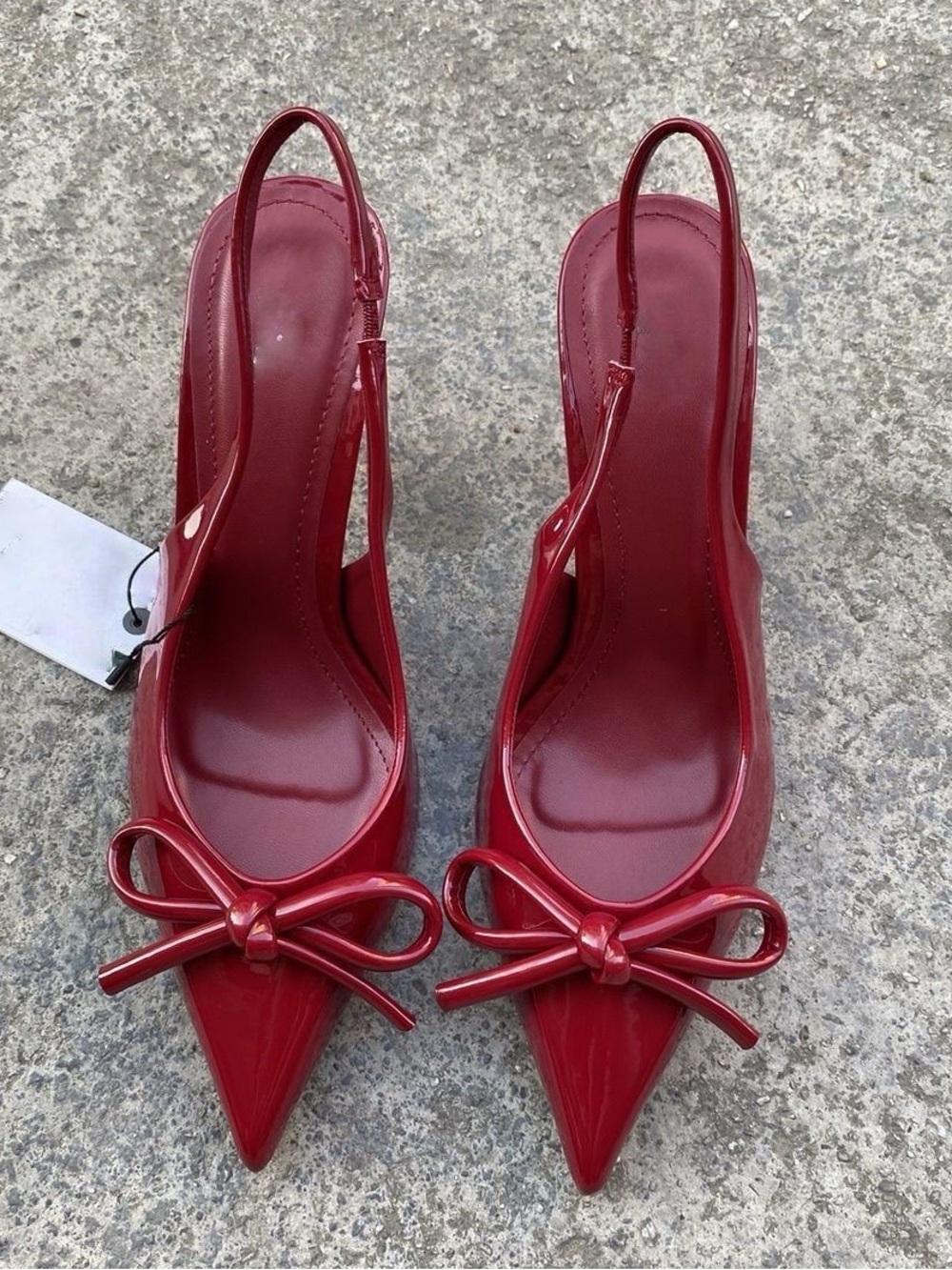 Red Patent Pointed Slingback Pumps with Bow Accent
